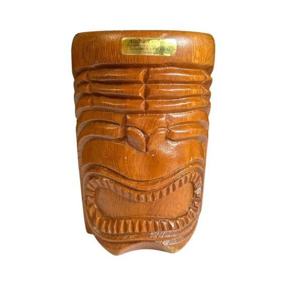 Vintage Hawaiian Wooden Tiki Mug Souvenir From Waikiki By Aloha Treasures - Picture 1 of 11